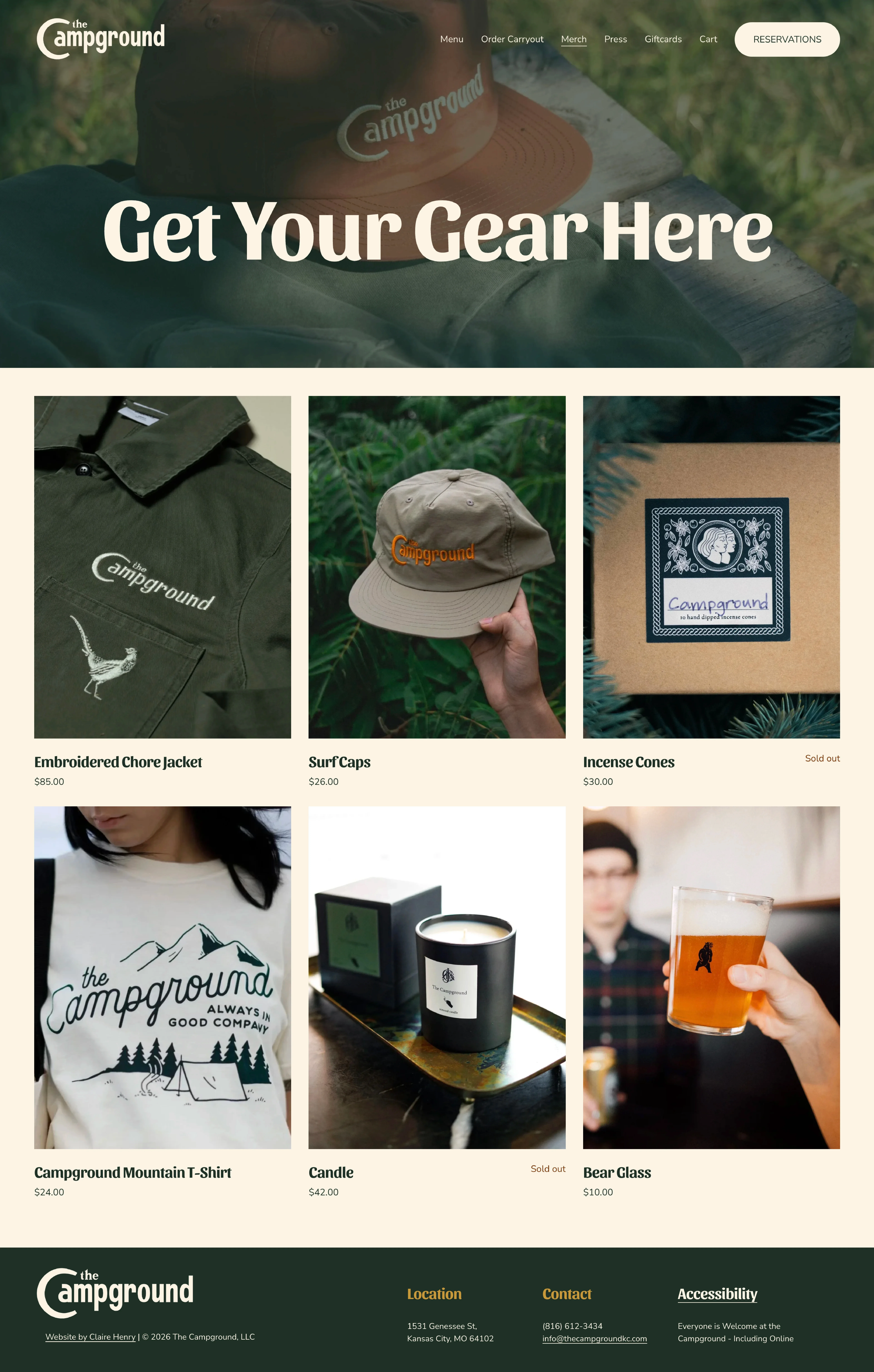 The Campground website merch page design