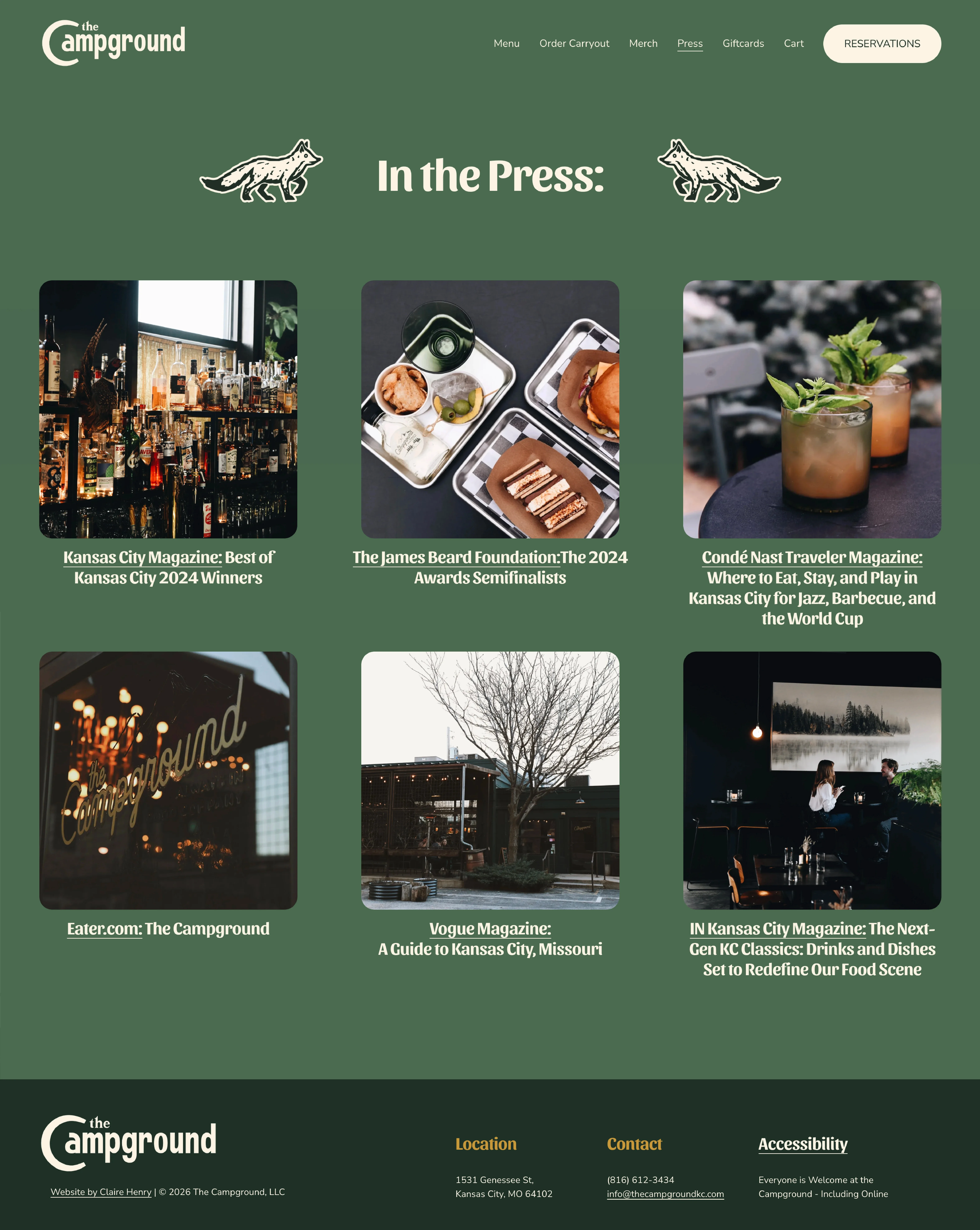 The Campground website press page design