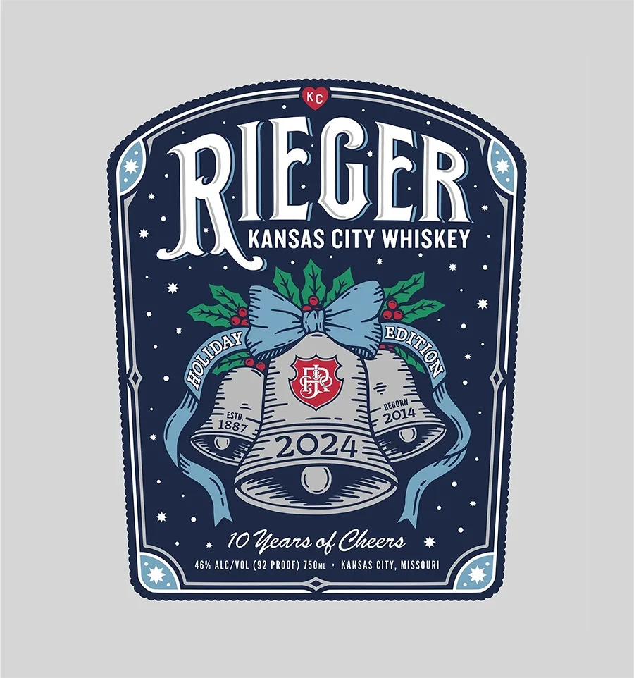 Close-up detail of the hand-drawn bell illustration on the Rieger label