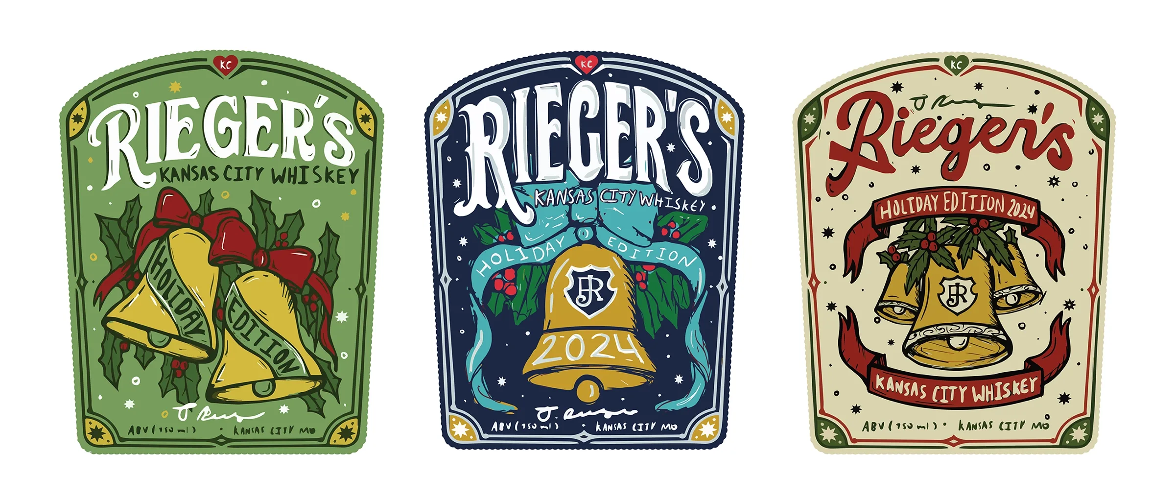 Early concept sketches and explorations for the J. Rieger holiday bell illustration