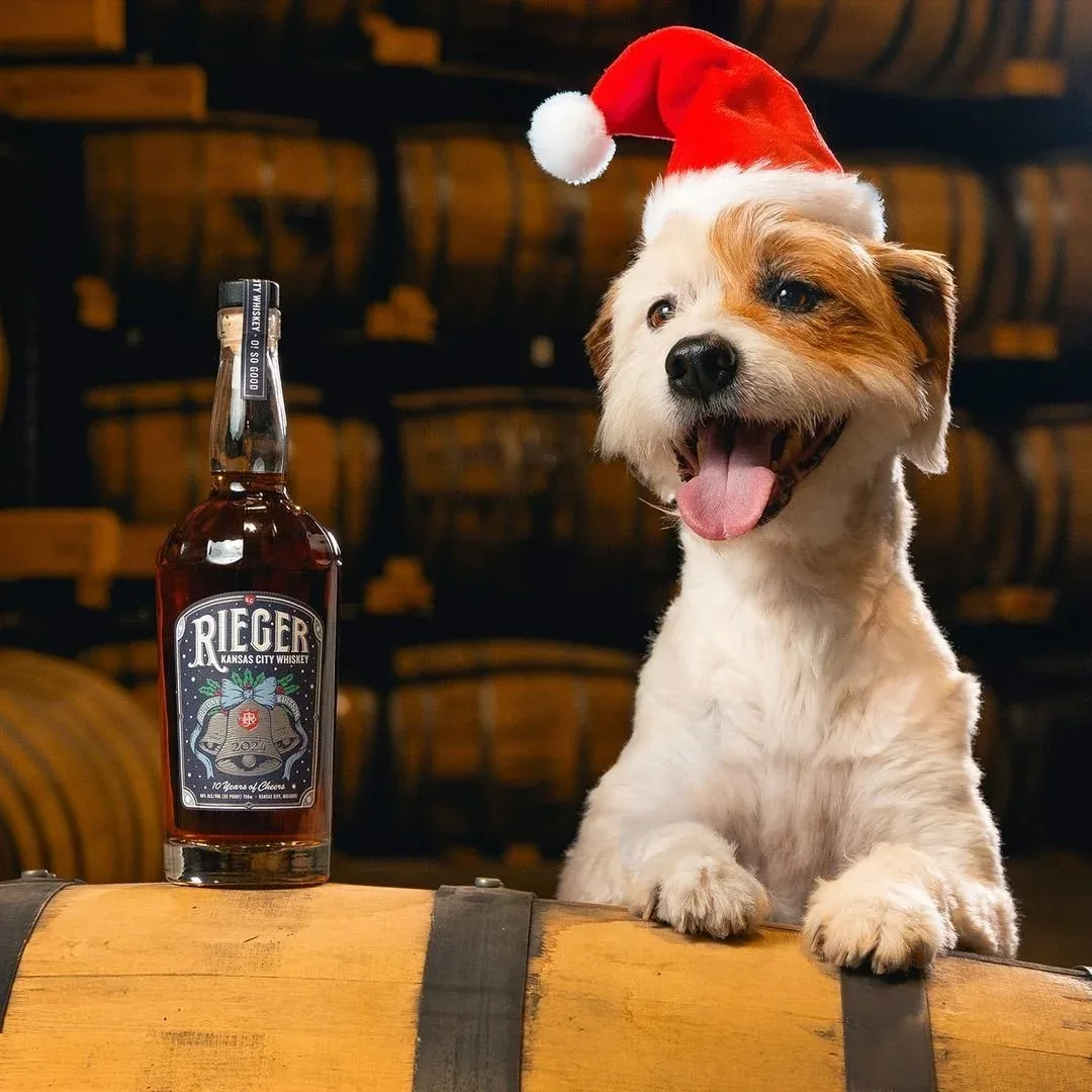 Lifestyle shot of the finished J. Rieger Holiday Whiskey bottle