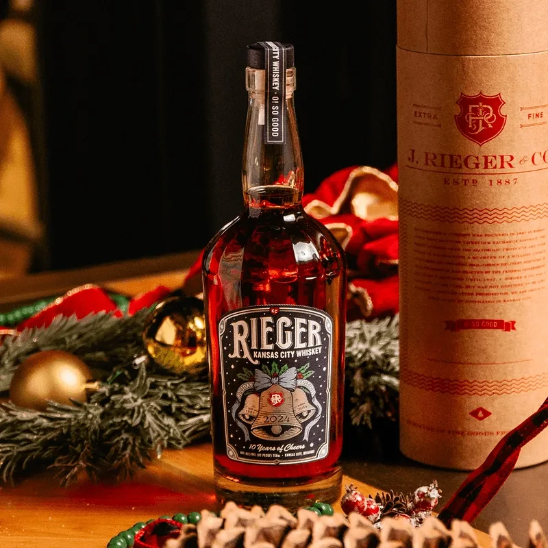 J. Rieger 2024 Holiday Whiskey label — full nighttime composition