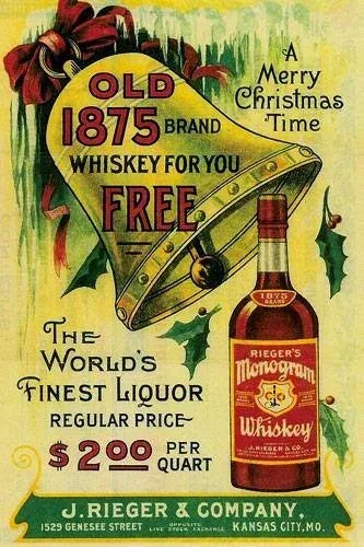Original vintage J. Rieger Monogram Whiskey poster from pre-Prohibition era featuring holiday bells and Victorian typography